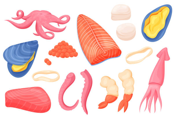 해산물 재료. 만화 참치 필레와 스테이크, 새우 오징어와 문어 레스토랑 재료. 벡터 격리 집합 - lobster seafood prepared shellfish crustacean stock illustrations