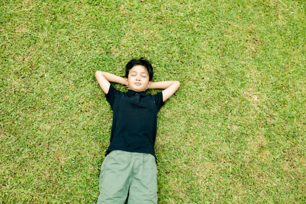 istock high angle view little boy lying on grass in nature 1364537746