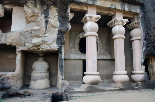 Photo of Unfinished Chaitya at the Amba - Ambika group of caves. Consists of one Chaitya, 17 Viharas, 11 water tanks and in total 15 inscriptions, Manmodi Hill at Junnar, near Pune, Maharashtra, India