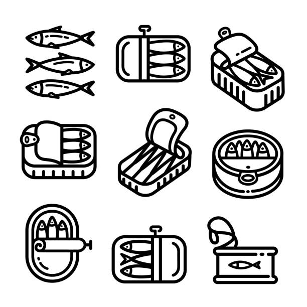 sardines tin can outline icons set Sardines in tin can isolated outline icons set. Portugal food icons. Vector Portuguese national food, seafood product packaging. Canned anchovy in oil, iwashi conserve. Herring in metal package. anchovy stock illustrations