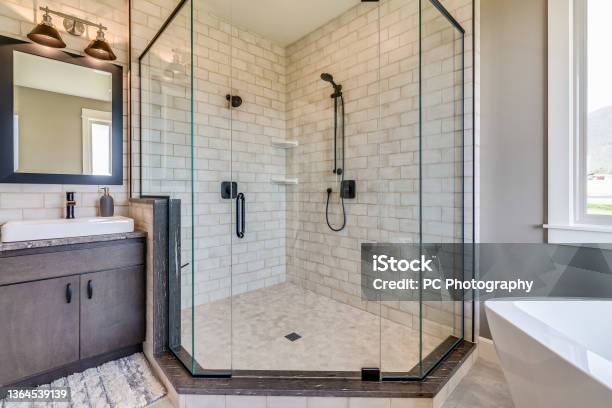 Corner Shower With Three Glass Sides Stock Photo - Download Image Now - Shower, Home Addition, Tile