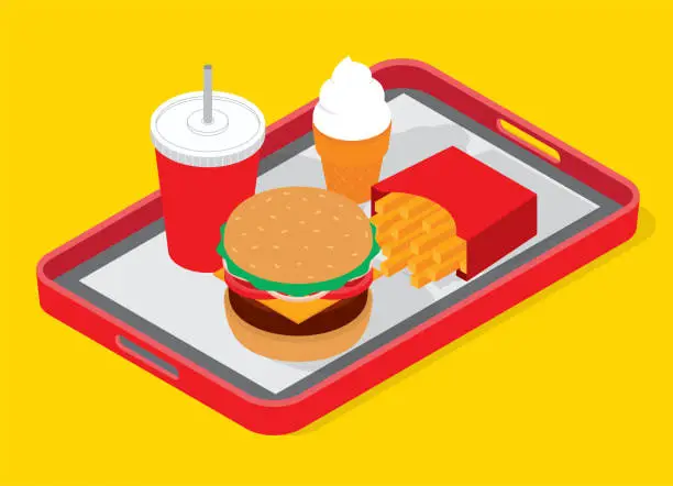 Vector illustration of Fast Food Tray Burger Cheeseburger Fries Soda in Isometric Projection