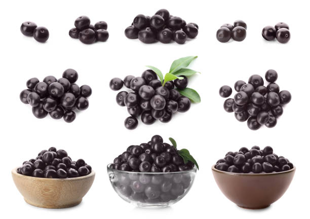 istock Set of fresh acai berries on white background 1364541696