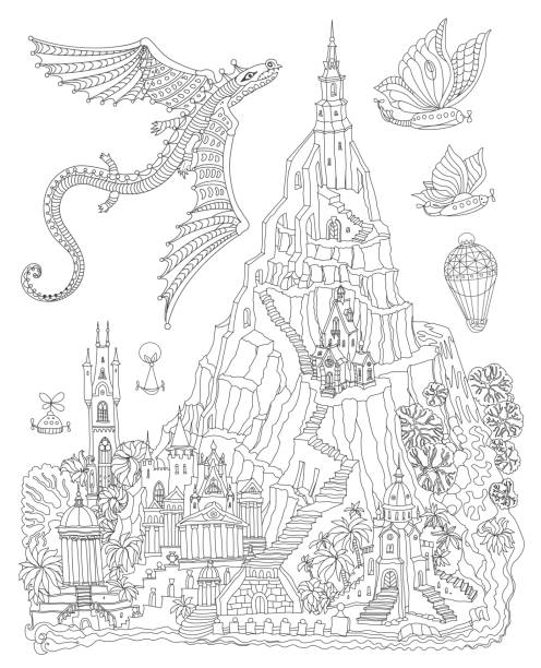 illustrations, cliparts, dessins animés et icônes de château de conte de fées sur une montagne, palmiers, rive de la rivière. dragon volant, montgolfière et dirigeable. page de livre à colorier pour adultes et enfants - picture book fairy tale castle dragon