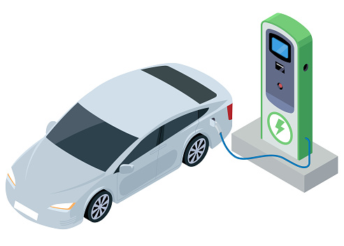 Electric Car Charging in Charge Station. Isometric Projection Vector Illustration.