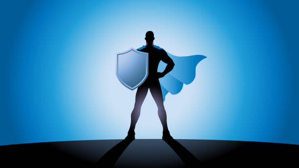 vektor-superheld mit schild silhouette stock illustration - heroes stock-grafiken, -clipart, -cartoons und -symbole