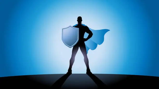 Vector illustration of Vector Superhero wielding Shield Silhouette Stock Illustration