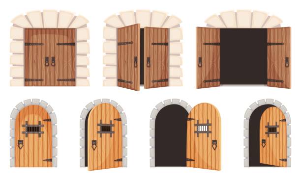 otwierane i zamykane średniowieczne drzwi, stara brama zamkowa, drzwi lochów. kreskówkowe drewniane drzwi więzienne, zestaw wektorowy starożytnych bram wjazdowych do miasta - loch stock illustrations