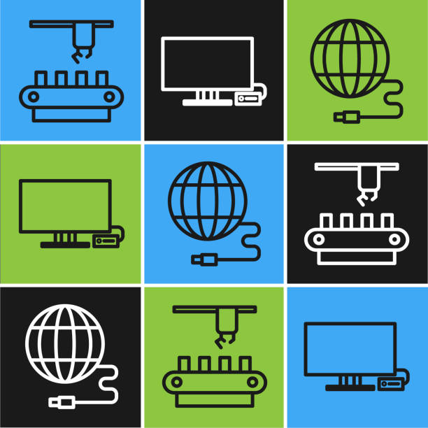 ilustrações de stock, clip art, desenhos animados e ícones de set line factory conveyor system belt, social network and smart tv icon. vector - conveyor system audio