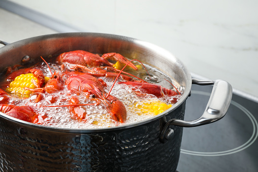 Fresh delicious crayfishes in boiling water on stove