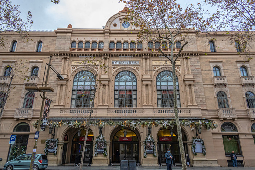 December 17, 2020.  Ramblas, Barri Gotic, Barcelona, Catalonia, Spain.\n\nFacade of the Gran Teatre del Liceu, Barcelona Opera House. Located on Las Ramblas, it is one of the most important cultural dissemination centers in the city.