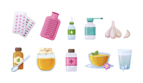 ilustrações de stock, clip art, desenhos animados e ícones de remedies colds and flu set. influenza cold health and medical. tablets, capsules, heating pad - capsule vitamin pill white background healthcare and medicine