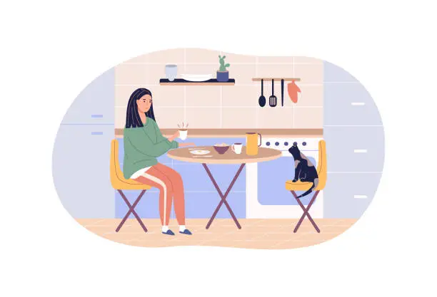 Vector illustration of Modern woman enjoying breakfast sitting at kitchen home table. Cat seat on chair