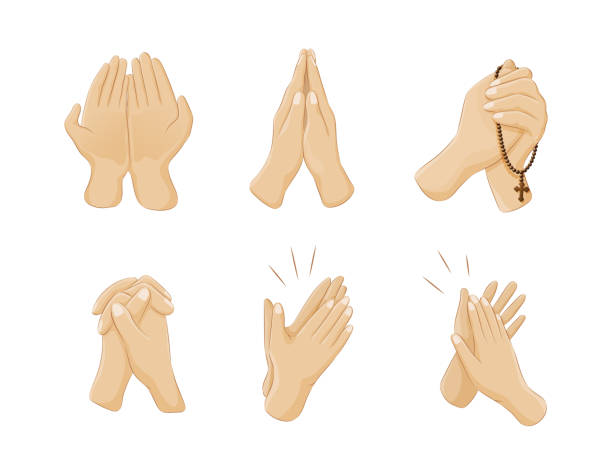 Human hands positions set. Person arms praying hopeful with beads God faith believe, applause Human hands positions set. Person arms praying hopeful with beads God faith believe, applause. Faithful meditation with peace religious spiritual holy hope. Culture gesture clapping palm vector flat praise and worship stock illustrations