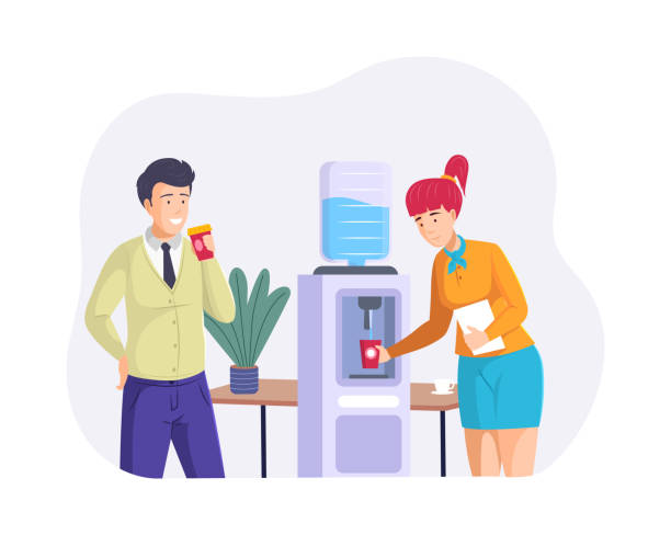 illustrazioni stock, clip art, cartoni animati e icone di tendenza di persone colleghi che bevono acqua dal refrigeratore. i colleghi uomini e donne godono di acqua pura - water cooler illustrations