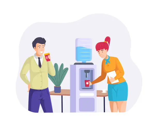Vector illustration of People coworkers drinking water from cooler. Man and woman colleagues enjoy pure aqua