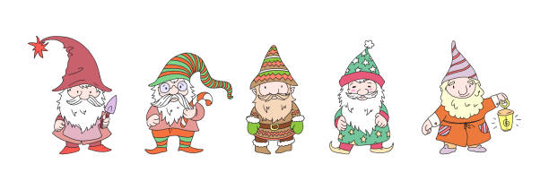 süße weihnachtszwerg-charaktere. set festlicher zwerge für die gartendekoration. lustiger älterer mann mit grauhaarigem bart. weihnachts- und neujahrsmärchen-gnome in hüte-vektor - gnome troll wizard dwarf stock-grafiken, -clipart, -cartoons und -symbole