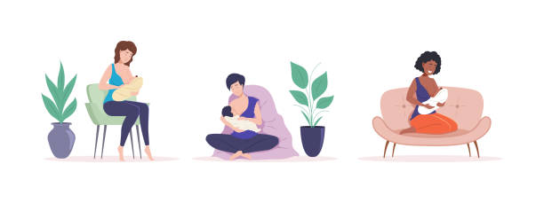 illustrations, cliparts, dessins animés et icônes de diverse femme allaitant bébé bébé ensemble. mère heureuse tenant les tout-petits bras allaitement lait - nature human pregnancy vector mother
