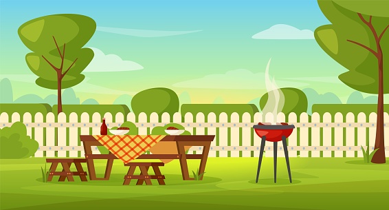 Family barbeque in house backyard with grill and picnic table. Outdoor bbq summer party in garden patio cartoon vector illustration