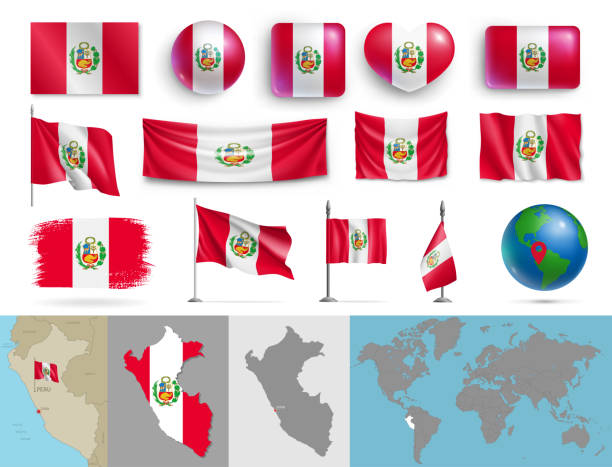 Peru flags of various shapes and country map set Peru flags of various shapes and country map set. Realistic Peruvian flags, glossy buttons in patriotic colors, geographic map and globe with identification pin vector illustration peru travel stock illustrations