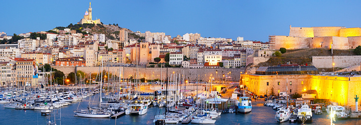 Panoramic view on Old Port of Marseille (Vieux-Port de Marseille) and Basilica of Notre-Dame de la Garde, France
