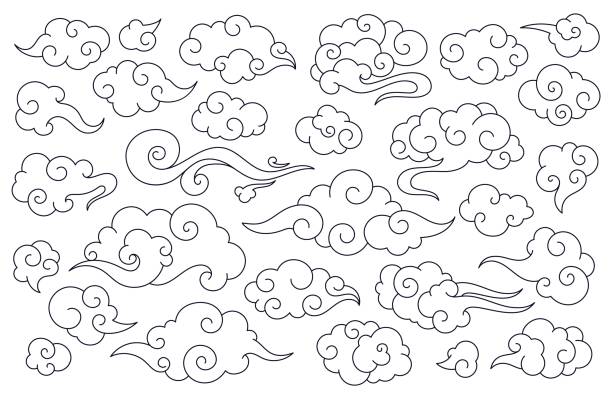 illustrazioni stock, clip art, cartoni animati e icone di tendenza di nuvole cinesi tradizionali, nuvola in stile orientale asiatico. elementi doodle del cielo giapponese, set vettoriale di ornamenti decorativi festivi in porcellana - whirling clouds