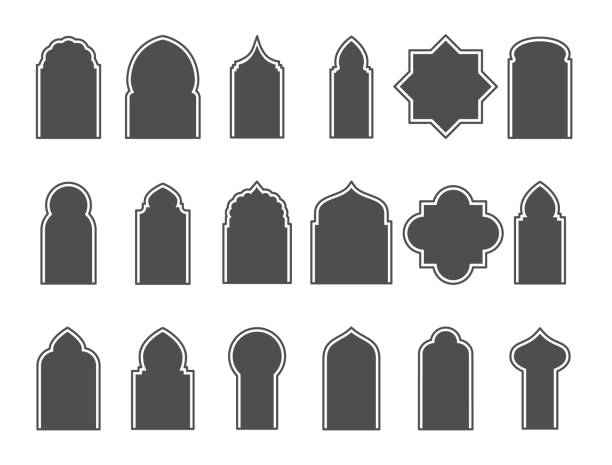 illustrations, cliparts, dessins animés et icônes de ensemble de fenêtres et de portes arabes. silhouette d’éléments de l’architecture islamique. vecteur eps 10 - maroc