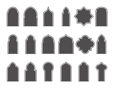 Set of Arabic windows and doors. Silhouette of Islamic architecture elements. Vector EPS 10.