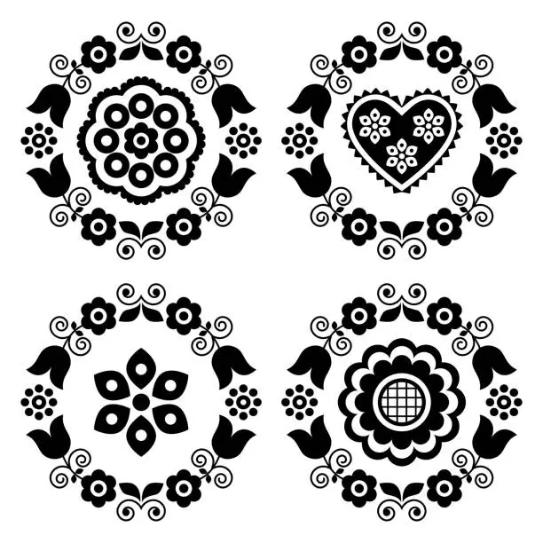 Vector illustration of Traditional round floral ornament set inspired by old embroidery from Nowy Sacz, Poland - Lachy Sadeckie