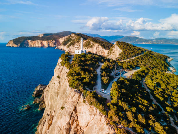 aerial view of lefkada lighthouse stock photo