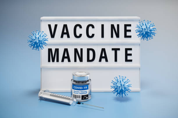 The words "vaccine mandate" displayed on a lightbox. Syringe, virus models and a bottle of vaccine around. stock photo