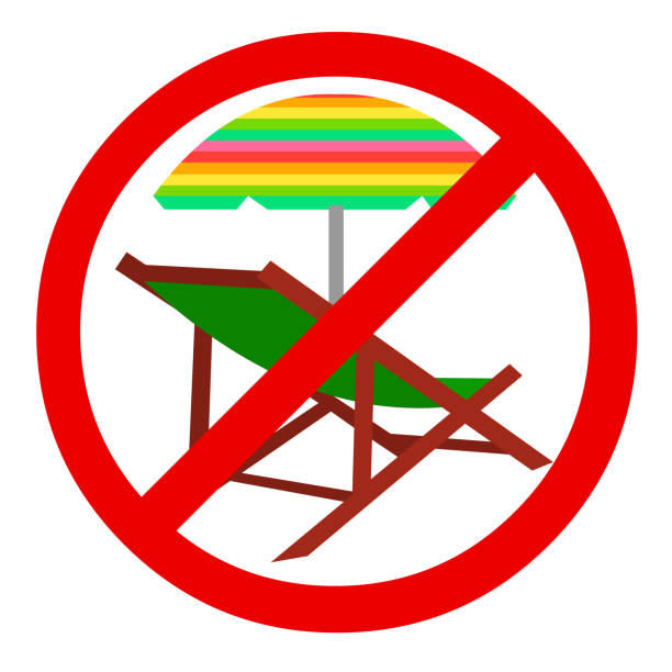 It is forbidden to sunbathe. No sun lounge. Stop a beach holiday. Sunbed, beach umbrella and red prohibition sign. It is forbidden to sunbathe. No sun lounge. Stop a beach holiday. Sunbed, beach umbrella and red prohibition sign. Flat style isolated on white background. Vector illustration. red beach chairs stock illustrations