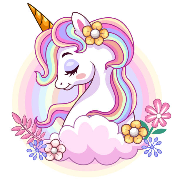 kreskówkowa piękna głowa jednorożca jest na chmurze z pięknymi kwiatami - unicorn stock illustrations