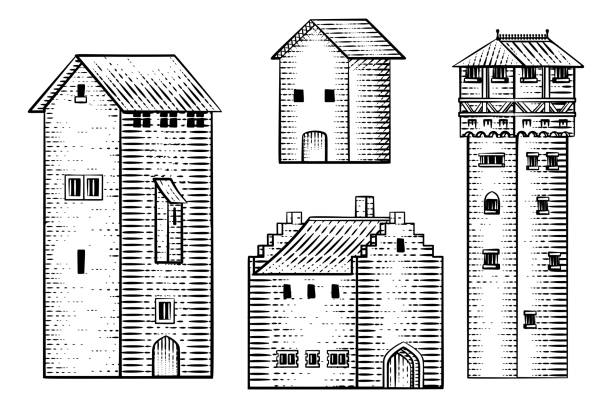 ilustraciones, imágenes clip art, dibujos animados e iconos de stock de set antiguas casas medievales edificios xilografía vintage - tudor style illustrations