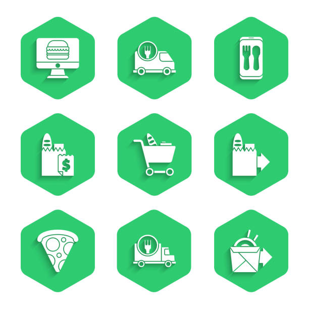 bildbanksillustrationer, clip art samt tecknat material och ikoner med set shopping cart and food, fast delivery by, online ordering noodles, slice of pizza, and icon. vector - illustrationer med truck