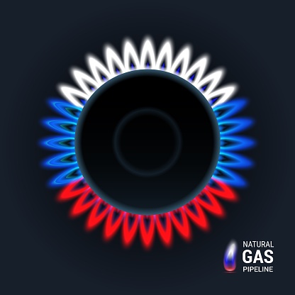Gas burner with a tricolor flame, the flag of Russia. Pipeline clean gas from Nord Stream. Top view close-up. 3d realistic vector illustration.
