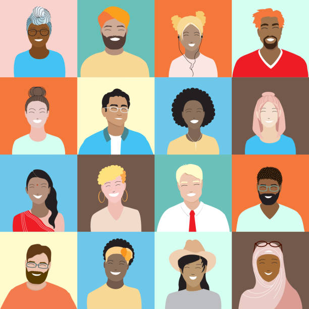 Diverse smiling people seamless square pattern vector art illustration