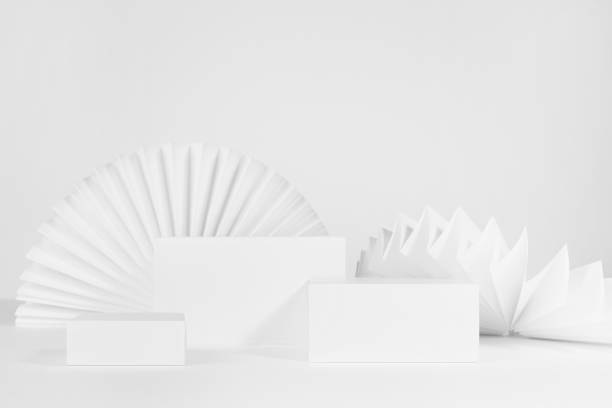 istock Three different size white rectangle podiums template with semicircle paper fans as modern minimal stage mockup for showing, presentation cosmetic product, advertising, design, front view, copy space. 1364564117