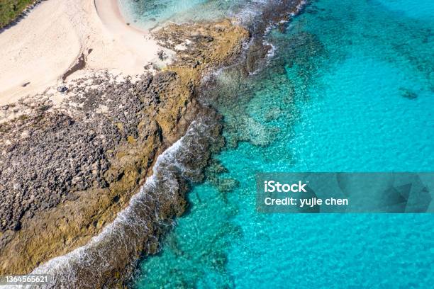 Aerial View Of Turquoise Sea And Rocky Beach Stock Photo - Download Image Now - Exuma, Bahamas, Beach