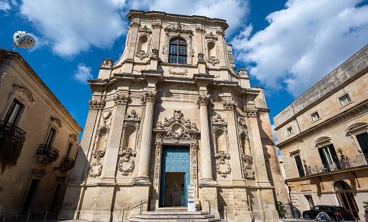 Lecce, Puglia, Italy. August 2021. View of the facade of the church of Santa Chiara in the historic center.