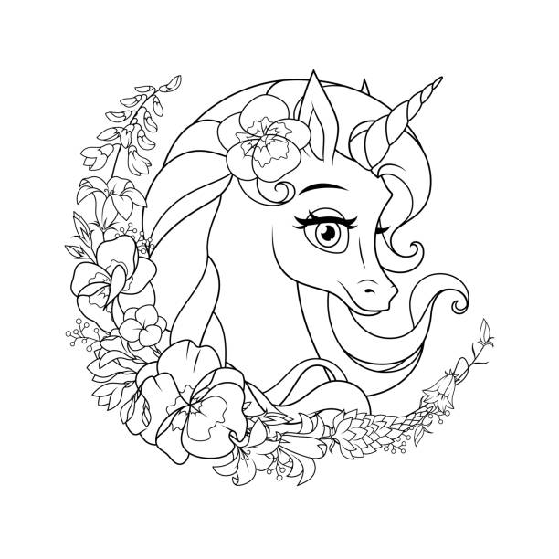 Cute cartoon unicorn surrounded with flowers. Vector coloring page. Cute cartoon unicorn surrounded with flowers. Vector black and white illustration for coloring book page. unicorn coloring pages stock illustrations