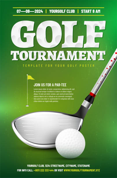 ilustraciones, imágenes clip art, dibujos animados e iconos de stock de plantilla de póster de torneo de golf con texto de muestra en una capa separada - golf