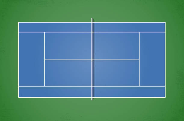 стилизованный синий теннисный корт с зелеными окрестностями - court stock illustrations