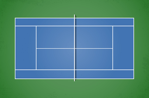 Stylized blue tennis court with green surroundings and grungy texture - vector illustration
