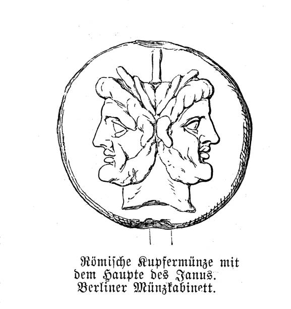 Ancient Roman copper coin with the two heads of god Janus Ancient Roman copper coin with the two heads of god Janus janus head stock illustrations