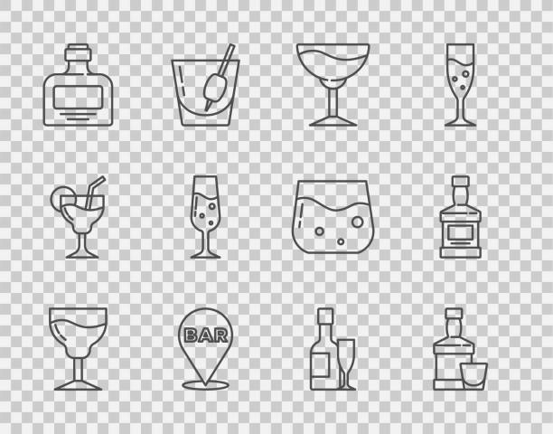Set line Wine glass, Whiskey bottle and, Alcohol bar location, Glass of champagne, Champagne and icon. Vector Set line Wine glass Whiskey bottle and Alcohol bar location Glass of champagne Champagne and icon. Vector. glass of bourbon stock illustrations