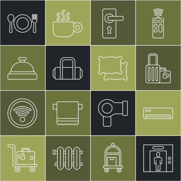 set line lift, klimaanlage, koffer, türgriff, hotelserviceklingel, teller, gabelmesser und kissensymbol. vektor - service bell suitcase hotel luggage stock-grafiken, -clipart, -cartoons und -symbole