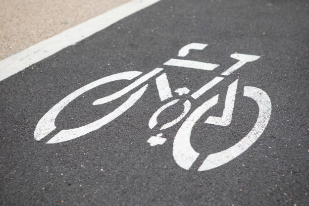istock Bicycle symbol painted on roadway 1364571423