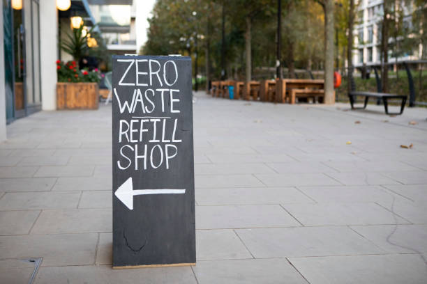 Zero waste refill shop advertised on a pavement sign, with copy space