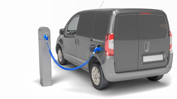 Electric minivan at charging station gray